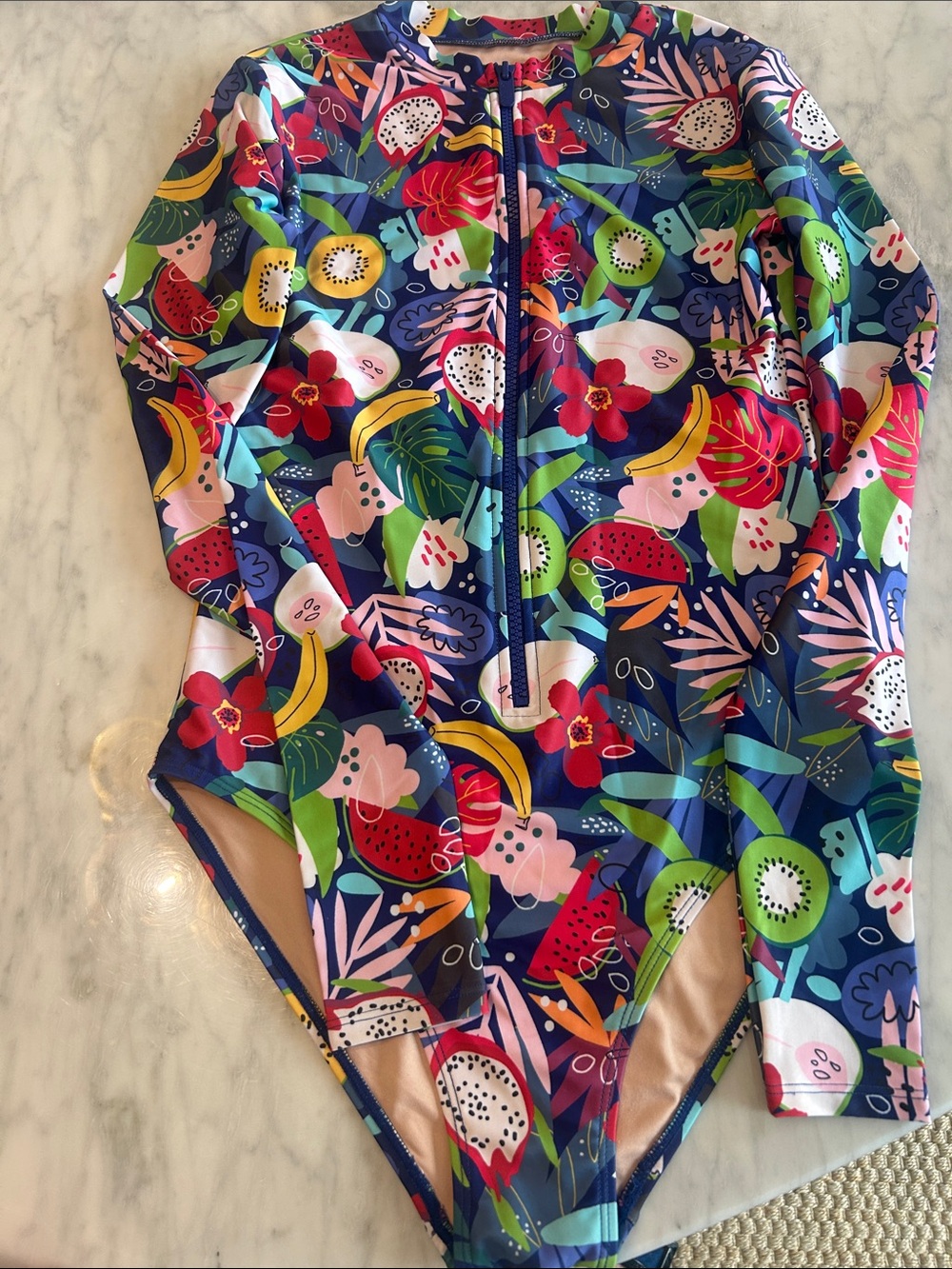 Women’s Mott 50 Long-Sleeve One-Piece Swimsuit - Vibrant Fruit Print (Blue)